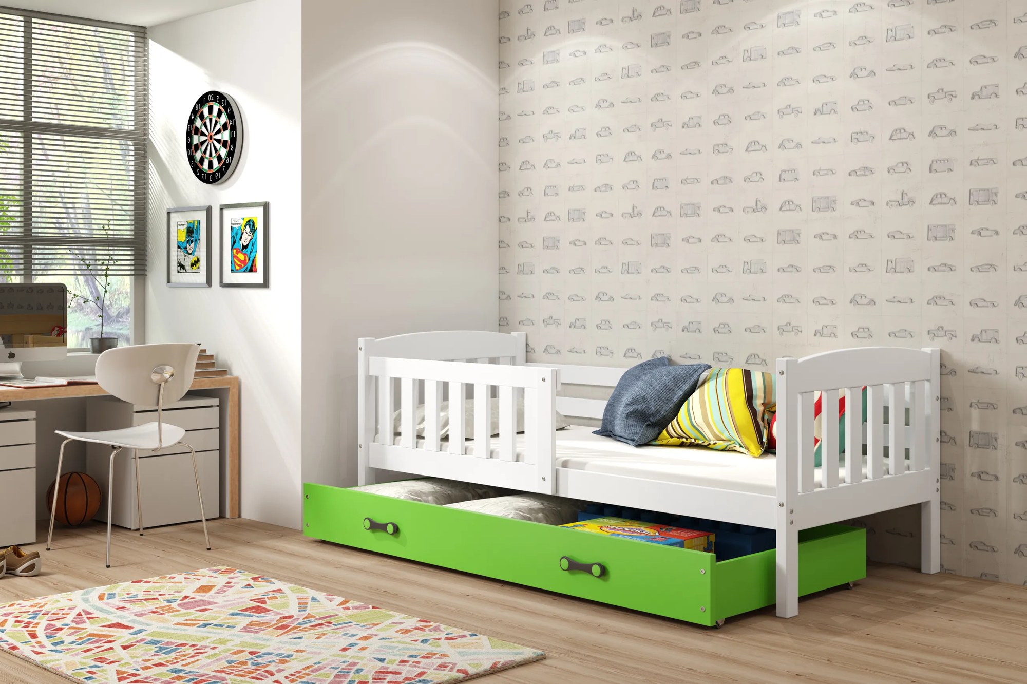 Interbeds Jednolôžková posteľ Kubus2 biela 190x80 s matracom a šuplíkom - zelená