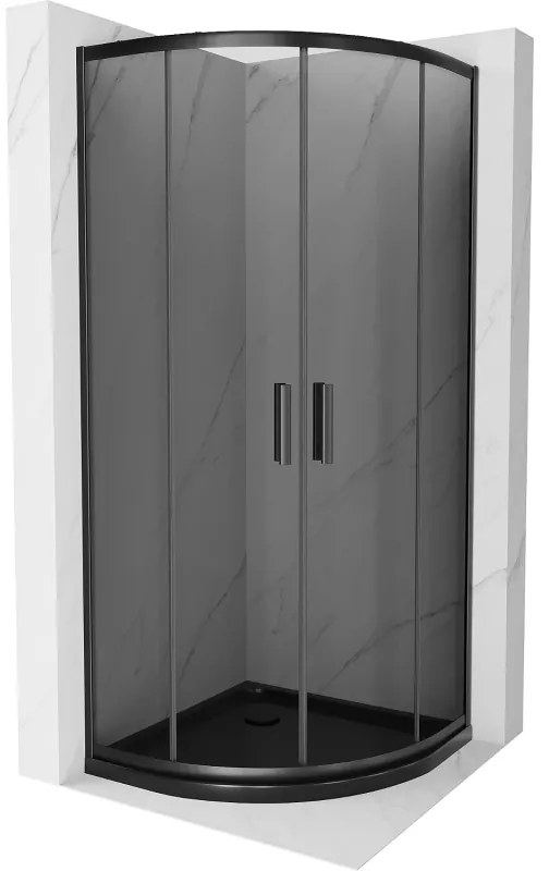 Mexen Rio, štvrťkruhový sprchovací kút s posuvnými dverami 80(dvere) x 80(dvere) x 190 cm, 6mm šedé sklo, čierny profil + čierna sprchová vanička SLIM, 863-080-080-70-40-4170B