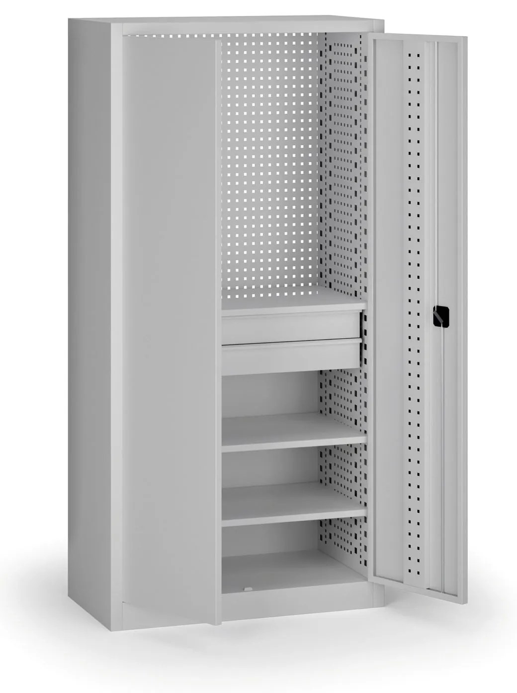 Policová dielenská skriňa 2-dverová, 3 police + 2 zásuvky, 1950 × 950 × 500 mm, sivé dvere