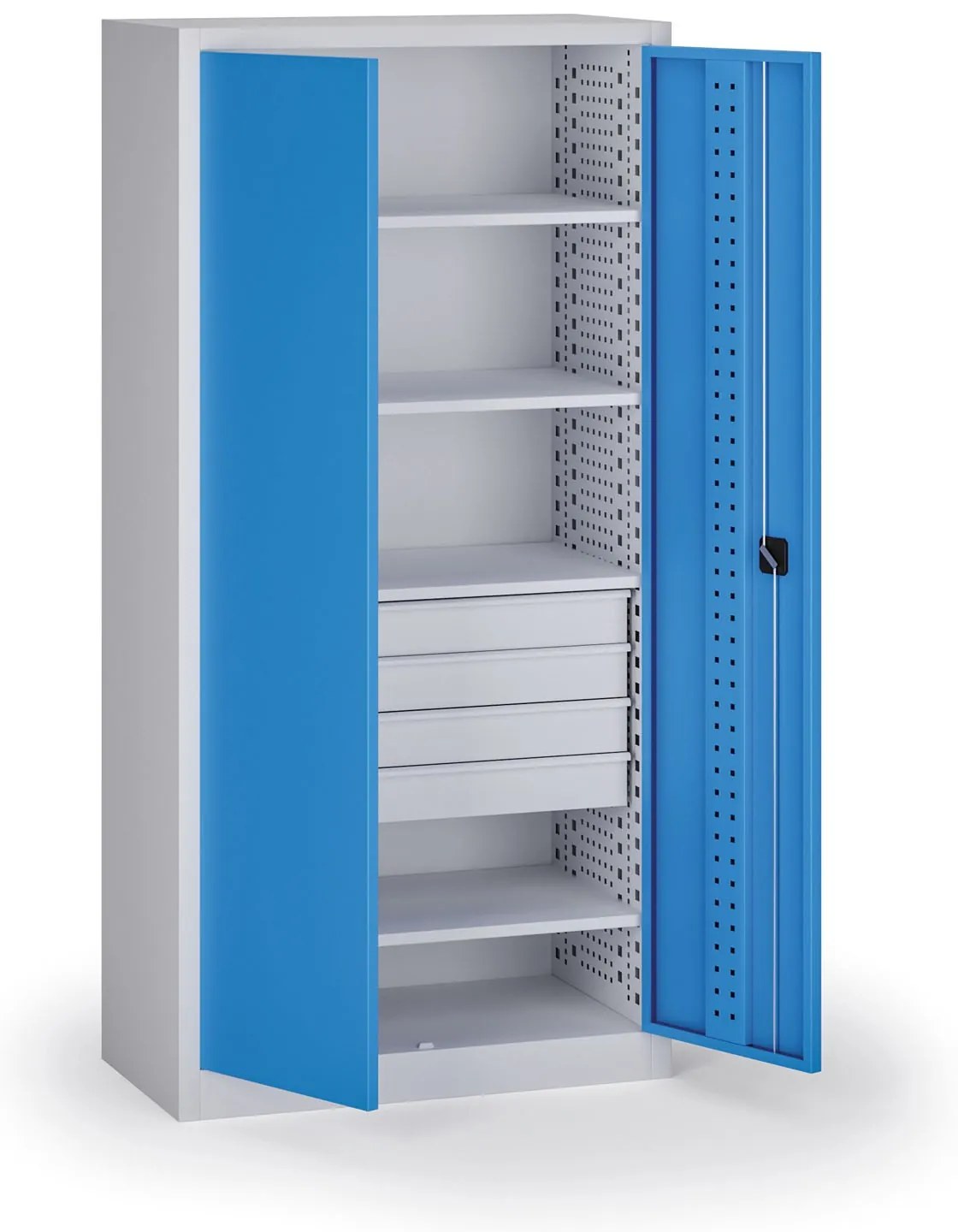 Policová dielenská skriňa 2-dverová, 4 police + 4 zásuvky, 1950 × 950 × 500 mm, modré dvere