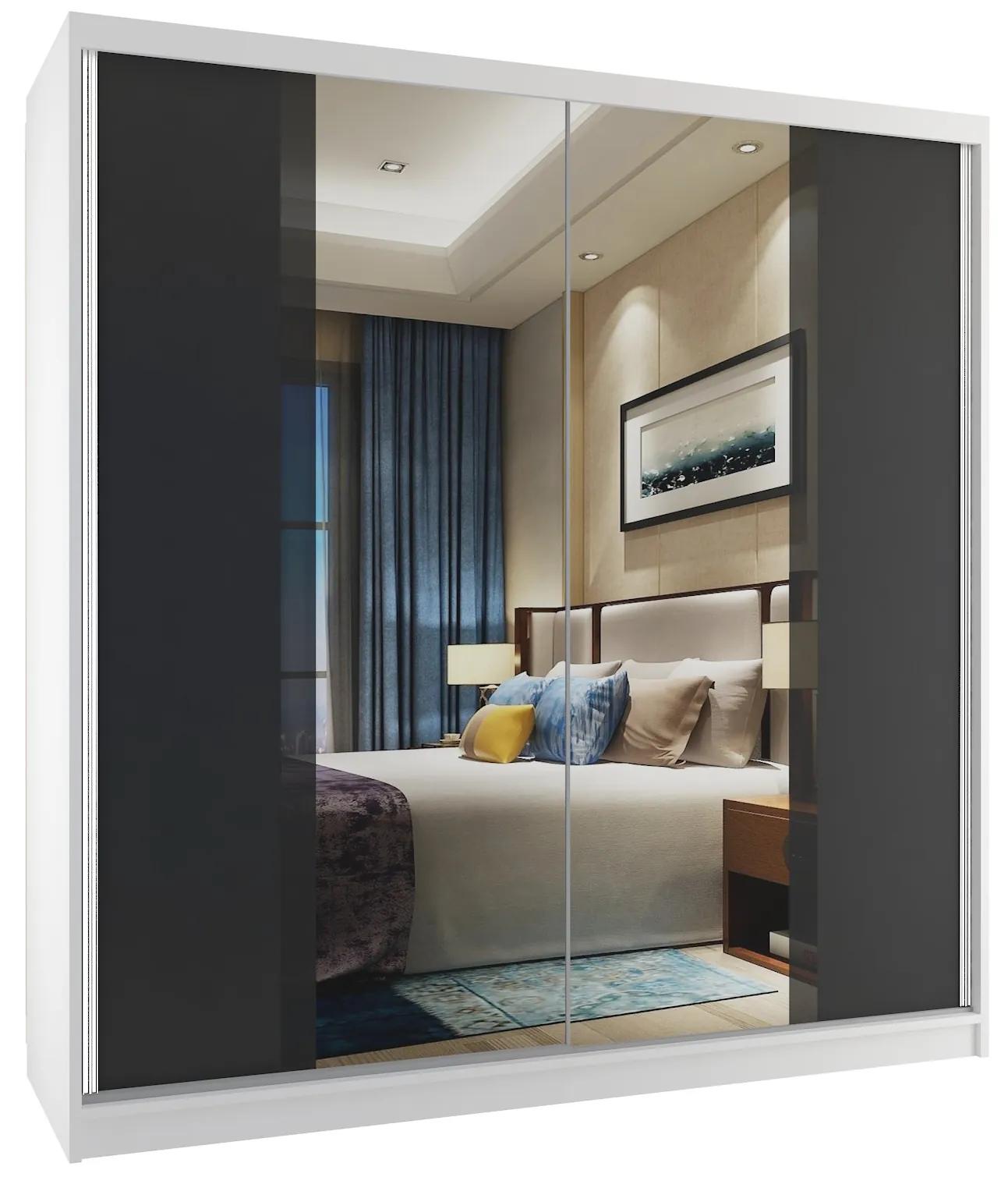 Šatníková skriňa 158cm Belini biely mat / čierny mat s posuvnými dverami a zrkadlom MV SZP3/2/W/B/B/HI