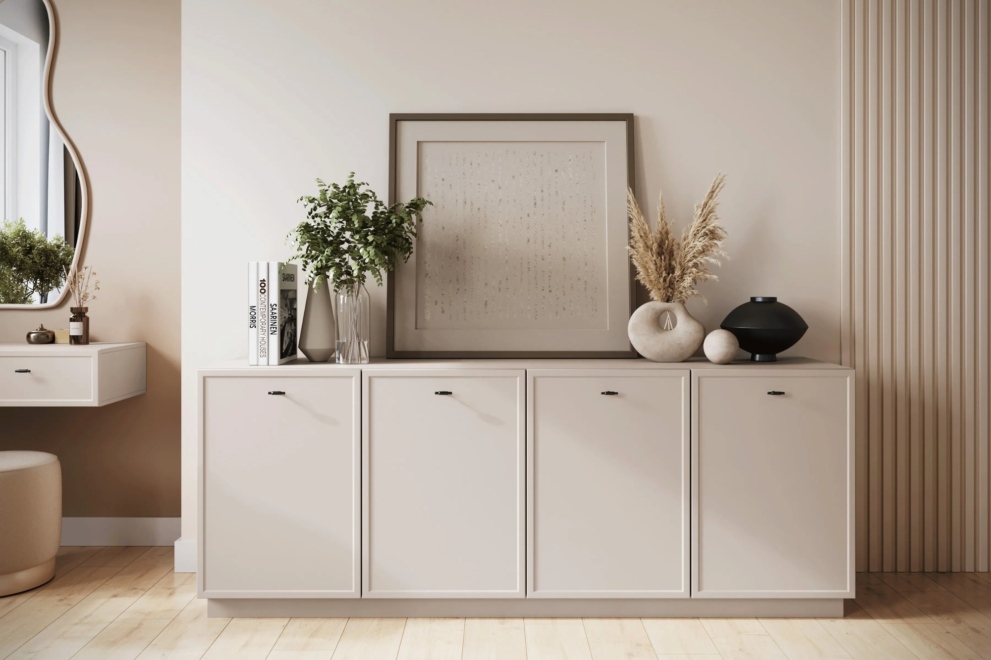 Komoda Lorini 200 cm na sokli - kašmírová / čierne úchytky T