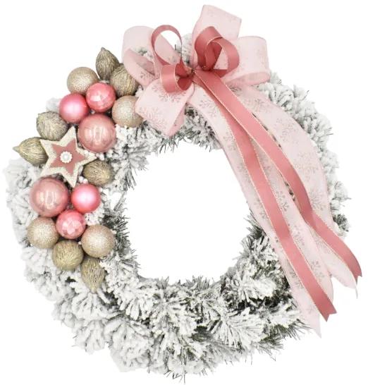 Zasnežený vianočný veniec na dvere Ružový 35cm