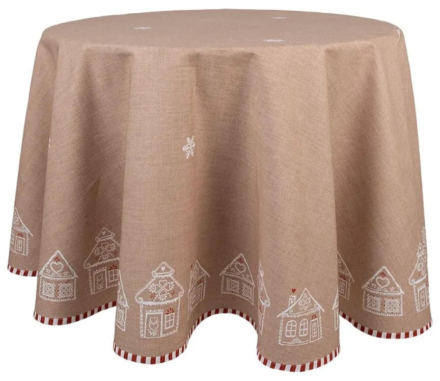 Hnedý okrúhly obrus s perníkovými chalúpkami Gingerbread Bliss - Ø 170 cm