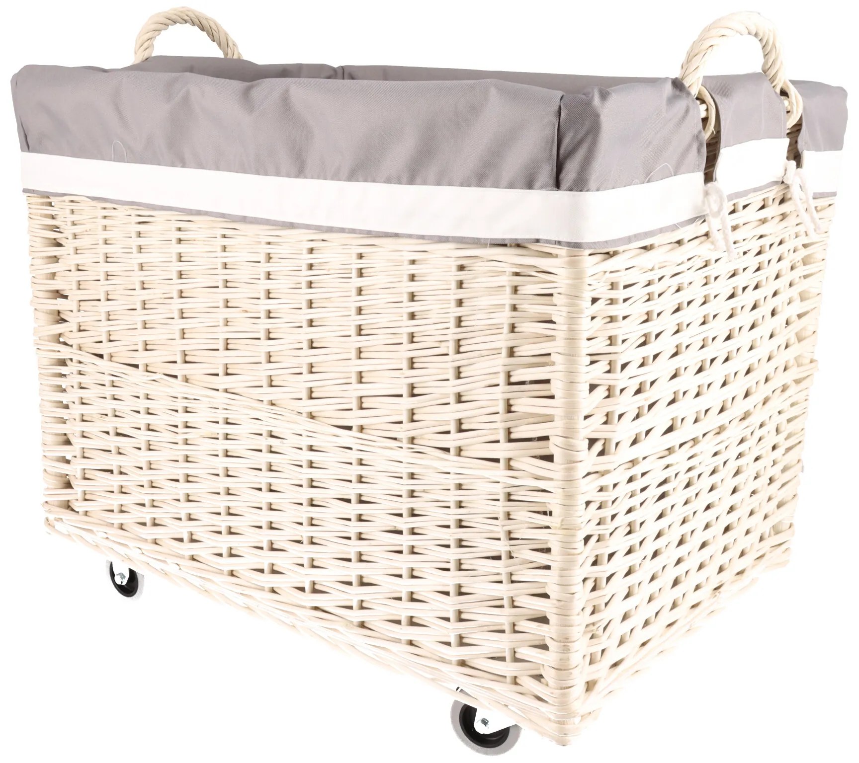 ČistéDrevo Biely prútený kôš na drevo obšitý - na kolieskach