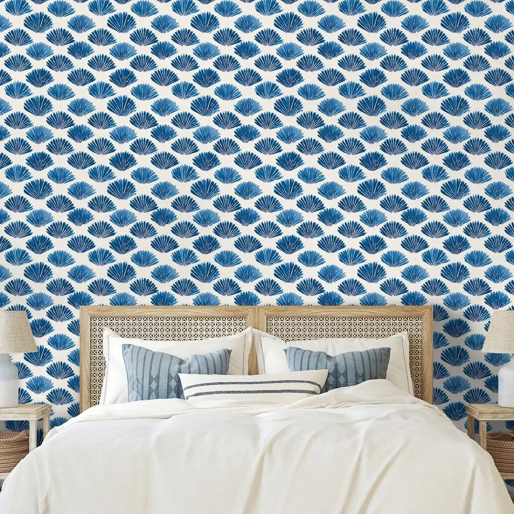 Tapeta modré mušle na bielom pozadí