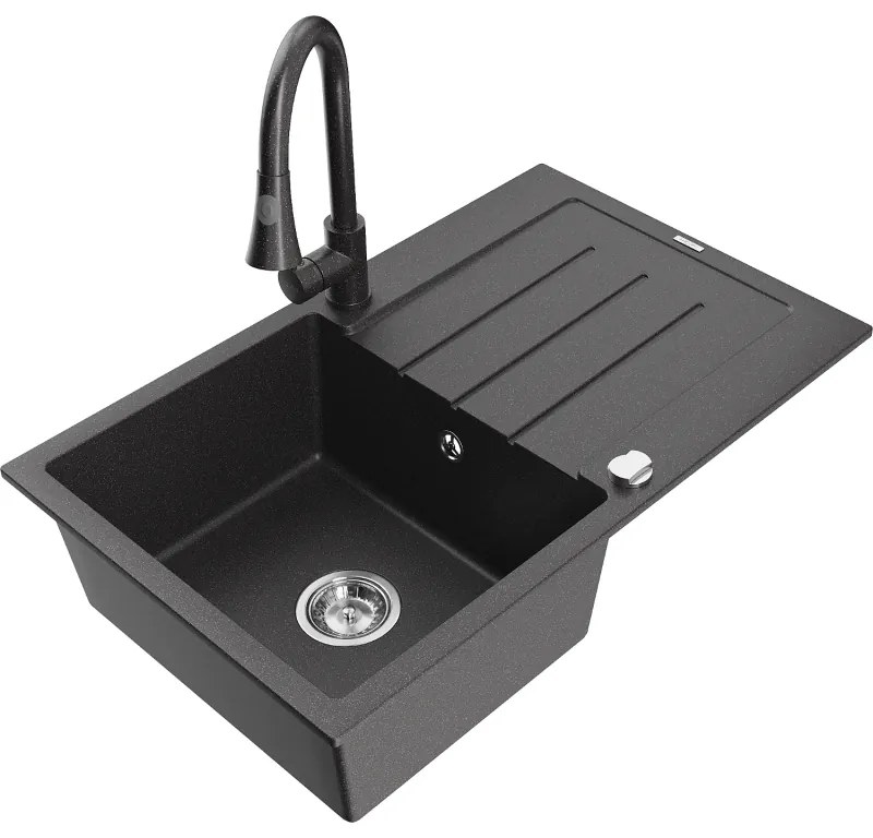Mexen Bruno, 1-komorový granitový drez 795x495x200 mm a drezová batéria Elia, čierna škvrnitá, 6513-76-670101-76