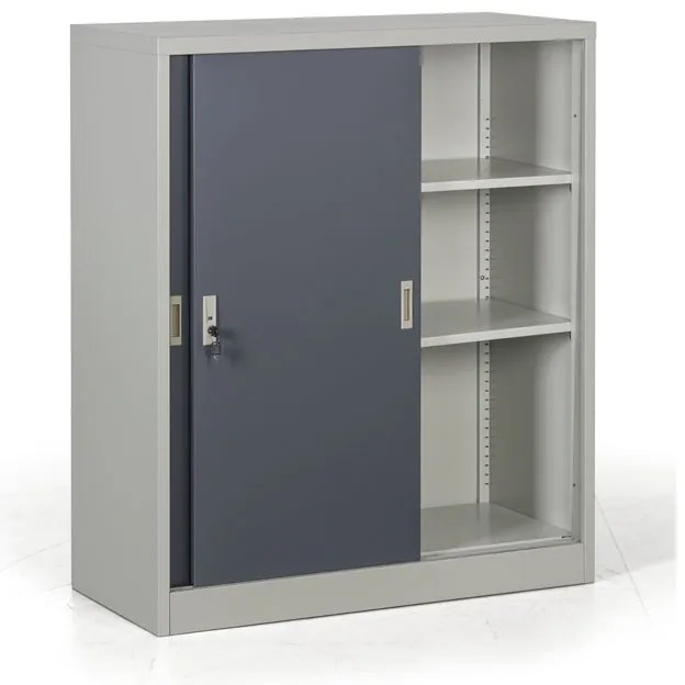 Kovová skriňa s posuvnými dverami, demontovaná, 2 police, 1000 x 1200 x 450 mm, tmavo sivá