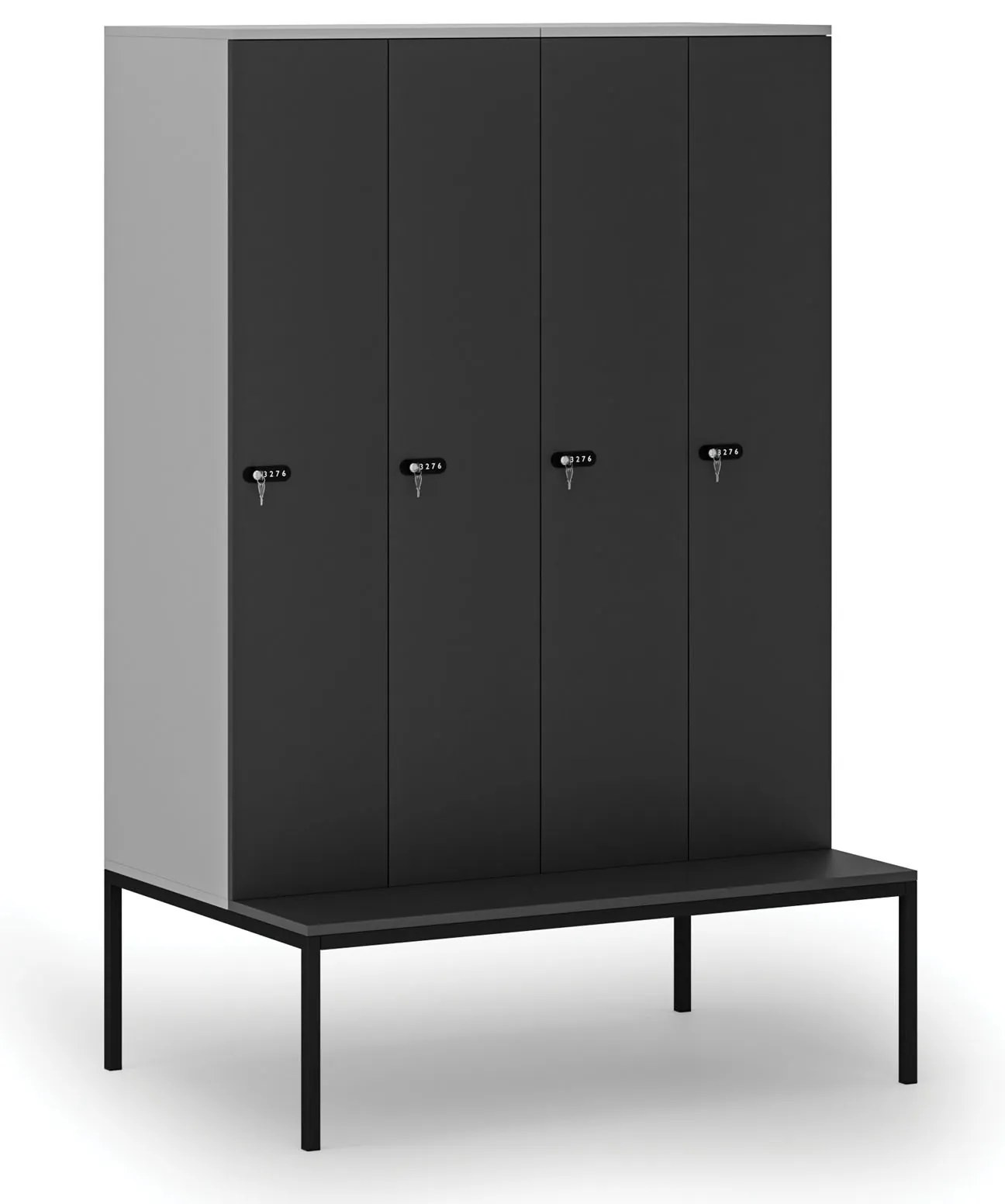 Drevená šatníková skrinka S4 s lavičkou, 4 oddiely, 1871 x 1200 x 500/800 mm, demont, mechanický kódový zámok, sivá/grafit