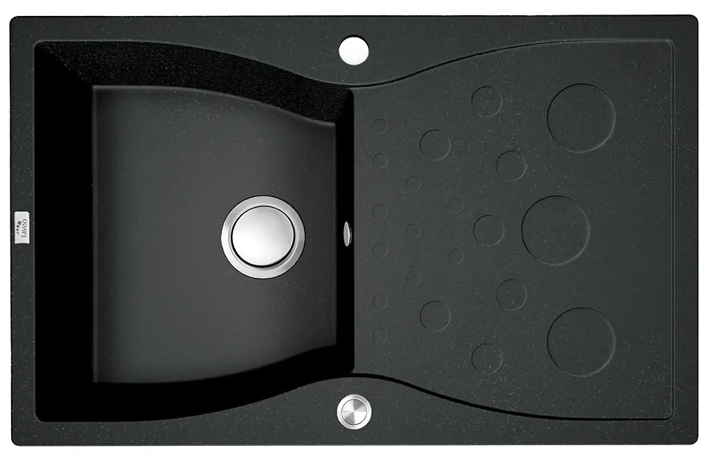 Laveo Molokin, 1-komorový granitový drez 800x500x195 mm s dlhým odkvapkávačom, čierna, LAV-SPO_711T