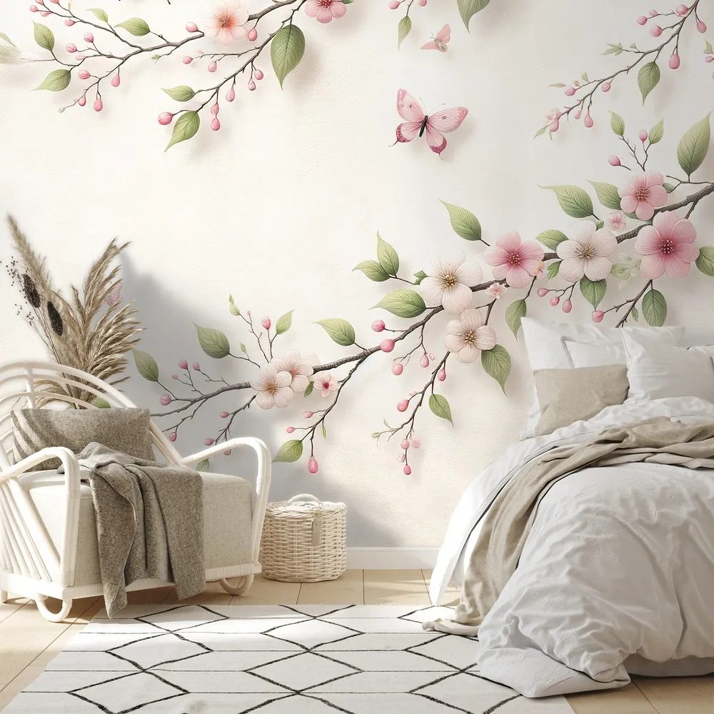 Fototapeta jemné ružové kvety a motýle