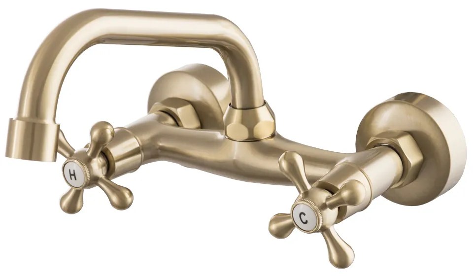 Gamma Retro C, nástenná drezová batéria s výtokom v tvare C, zlatá matná, GMA-BROS-C-BGD