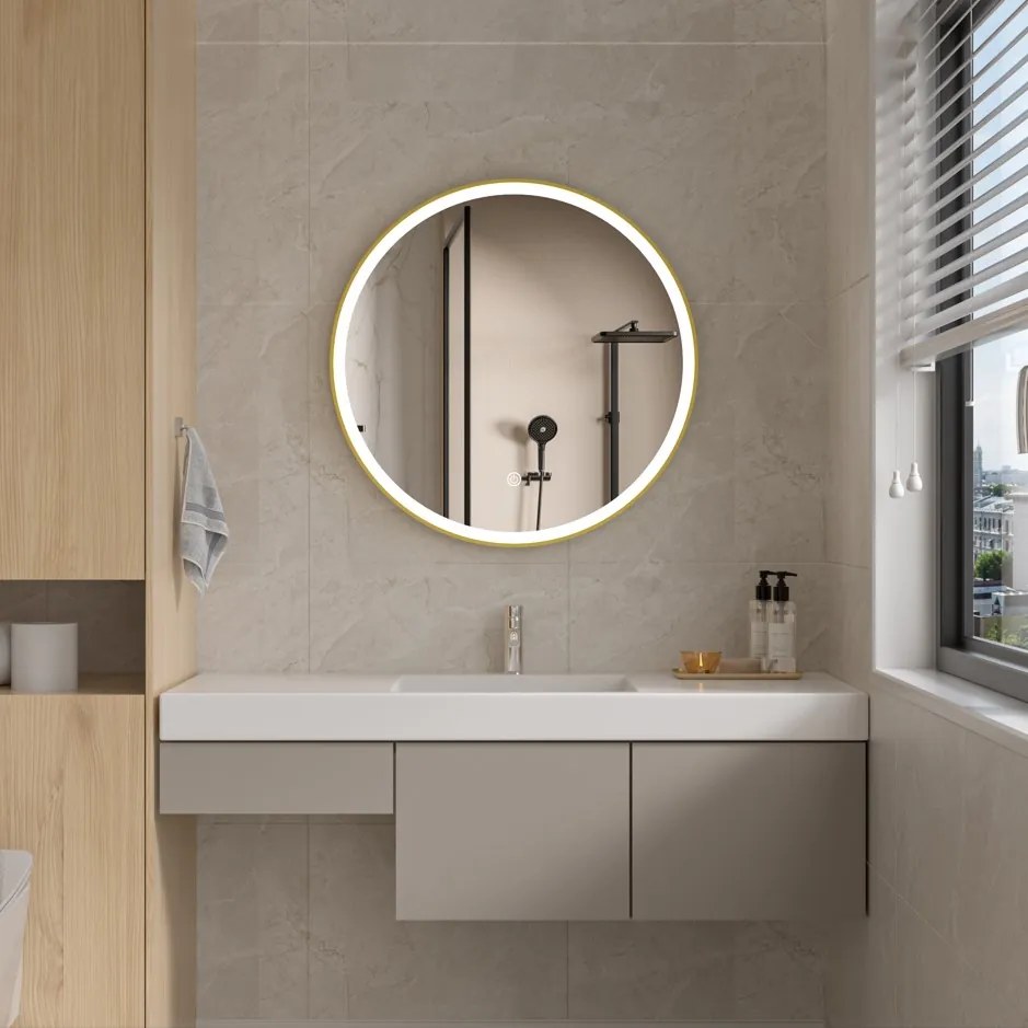 Erga Olivia, okrúhle LED zrkadlo 70cm, zlatý kovový rám, 1610 lm, 6500K, predné osvetlenie, ERG-V01-202-7070-GD