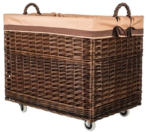 ČistéDrevo Tmavý prútený kôš na drevo hranatý - na kolieskach