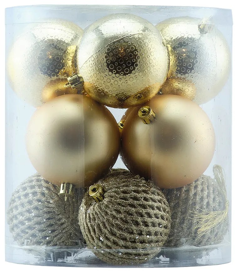 DECOLED Plastové ozdoby, prům. 8 cm, zlatá, 4x vrásková, 4x matná, 4x glitter