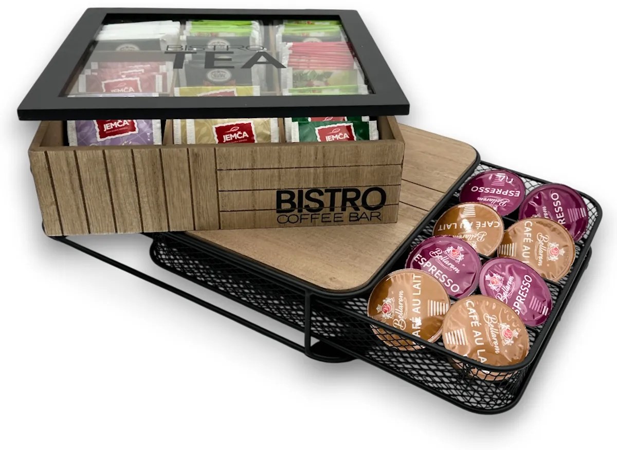 Orion Sada organizéra na čaj + kávové kapsule, drevo-kov BISTRO