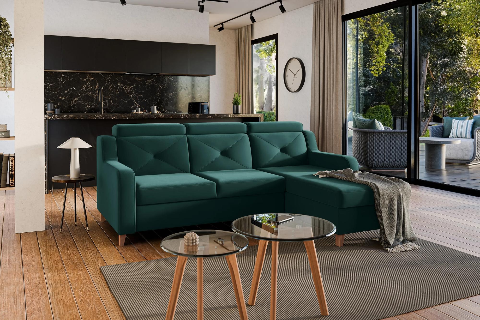 Rozkladacia rohová sedacia súprava Laksaro pravá - zelený zamat Trinity 28