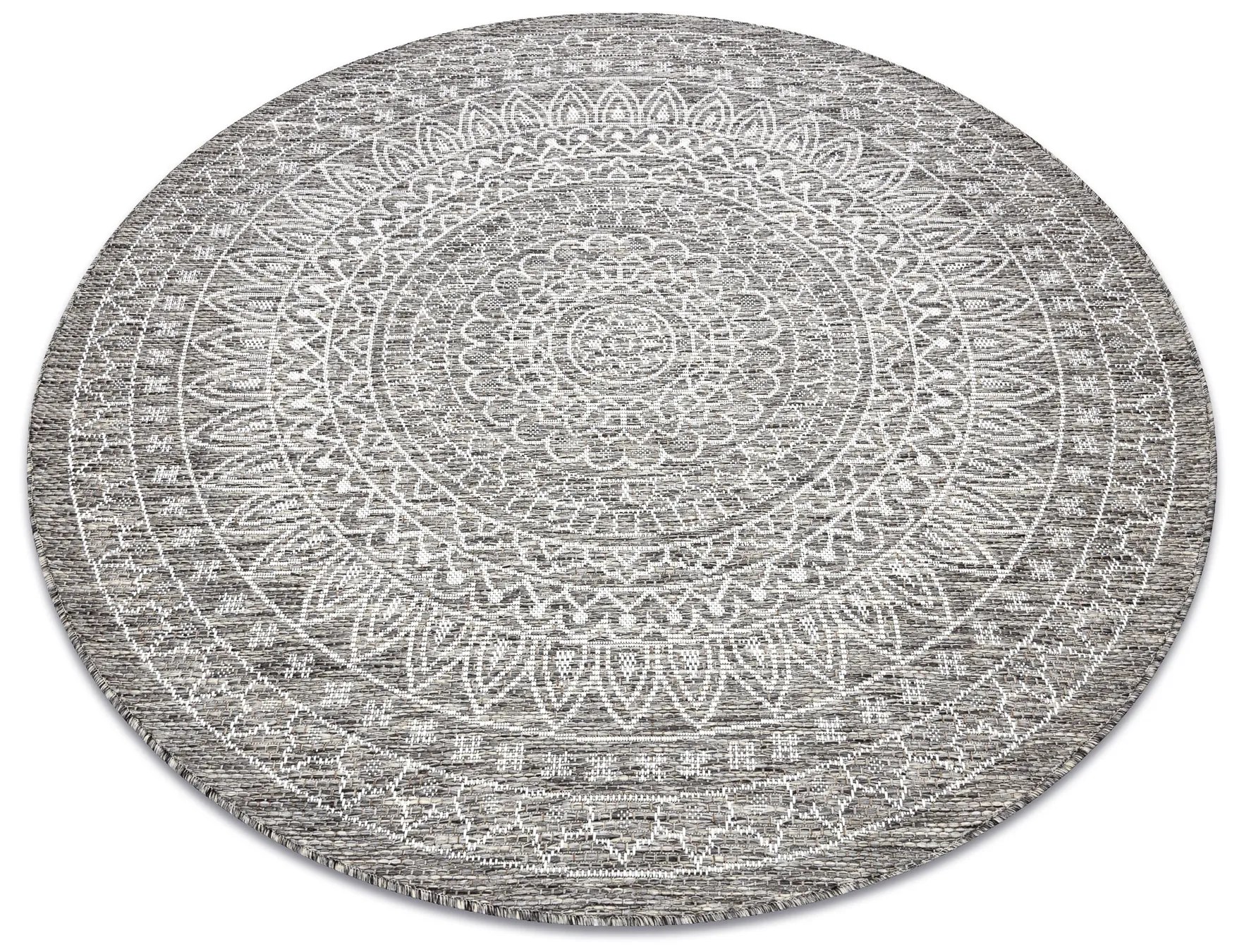 Šnúrkový okrúhly koberec SIZAL LOFT 21207 BOHO Mandala, slonovinová kosť - sivý