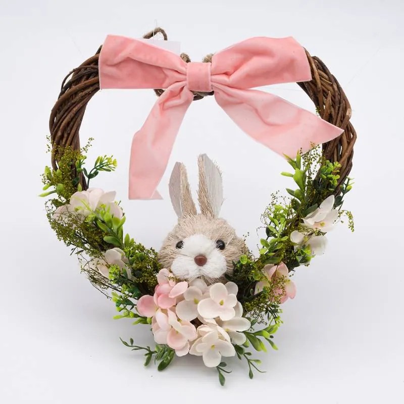 DECOLED Veľkonočný veniec v tvare srdca, 28x8x28 cm, prútie, kvety a zajac