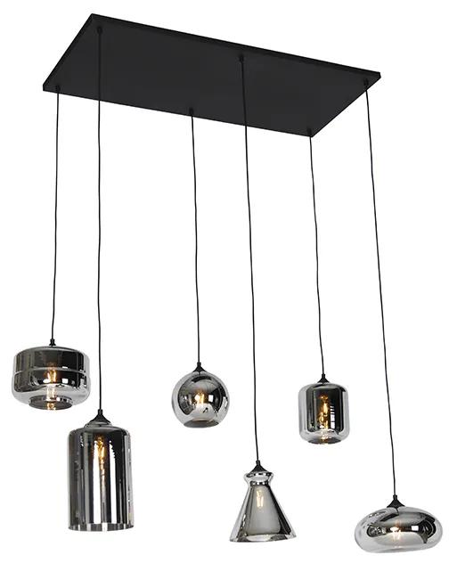 Art Deco závesné svietidlo čierne s dymovým sklom 6-žiarovkové - Wallace