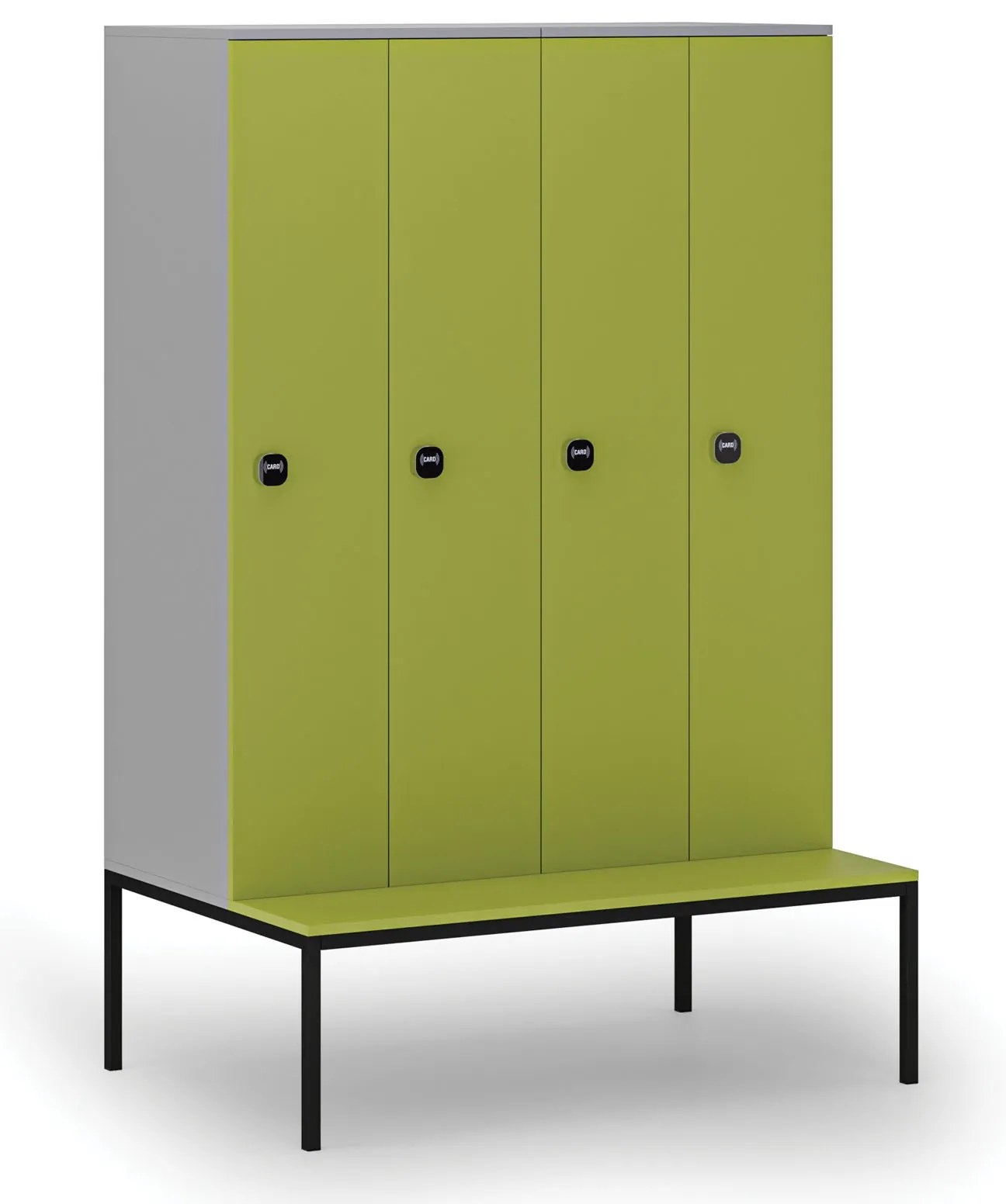 Drevená šatníková skrinka S4 s lavičkou, 4 oddiely, 1871 x 1200 x 500/800 mm, demont, RFID zámok, sivá/zelená