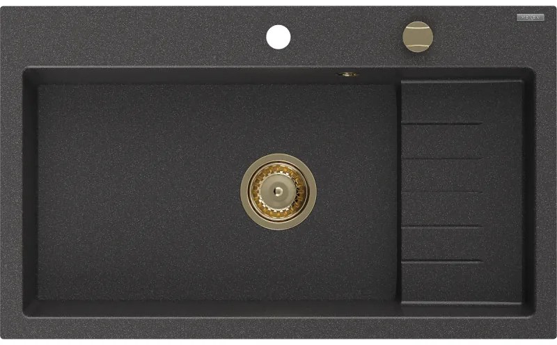 Mexen Omar, 1-komorový granitový drez 800x480x210 mm, čierna škvrnitá, zlatý sifón, 6520801005-76-G