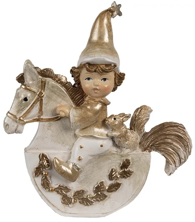 Béžovo-zlatá dekorácia dievčatko škriatok na hojdacom koni - 10*3*11 cm