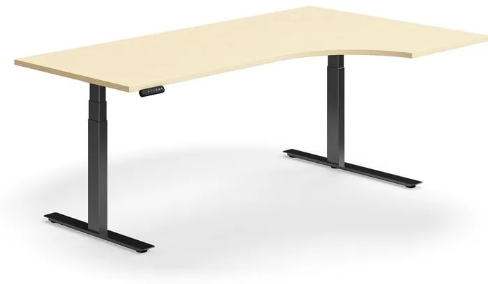 Výškovo nastaviteľný stôl QBUS, rohový, 2000x1200 mm, čierny rám, breza