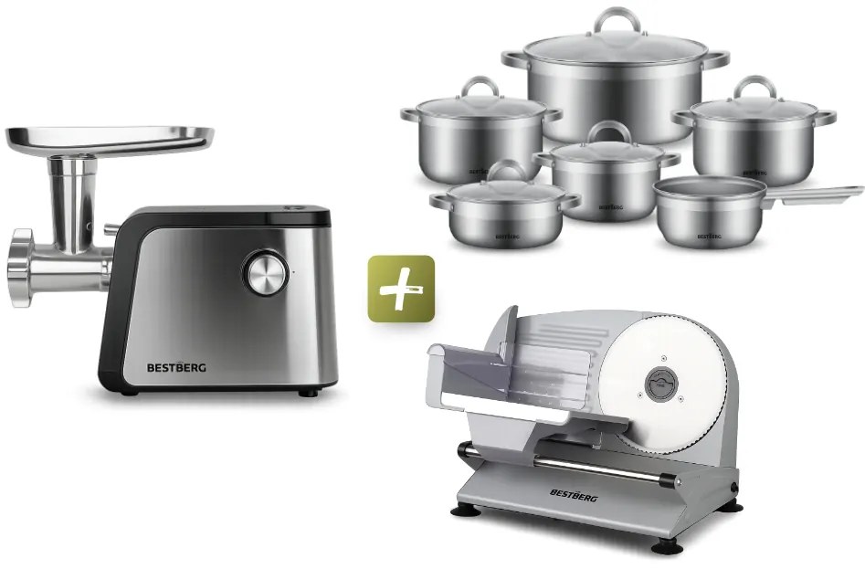 MEGAKOMBO Elektrický krájač BestBerg BBS-400 + 11dielna sada nerezových hrncov BestBerg BBSC-11 + Elektrický mlynček na mäso BestBerg BBM-2500