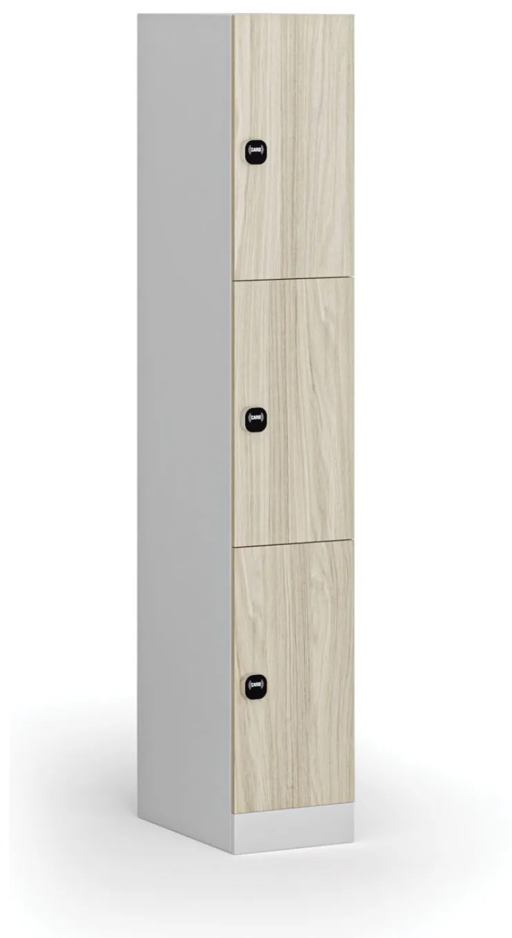 Šatníková skrinka s úložnými boxmi, 3 boxy, 1850 x 300 x 500 mm, zámok s čítačkou RFID kariet, laminované dvere, dub prírodný