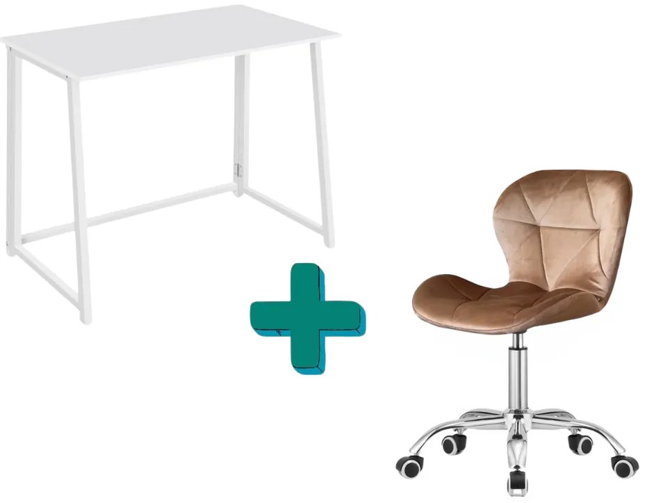 Set do pracovne ZARIMO stôl 80x40 cm, biela + kreslo AVOLA VELVET svetlo hnedé