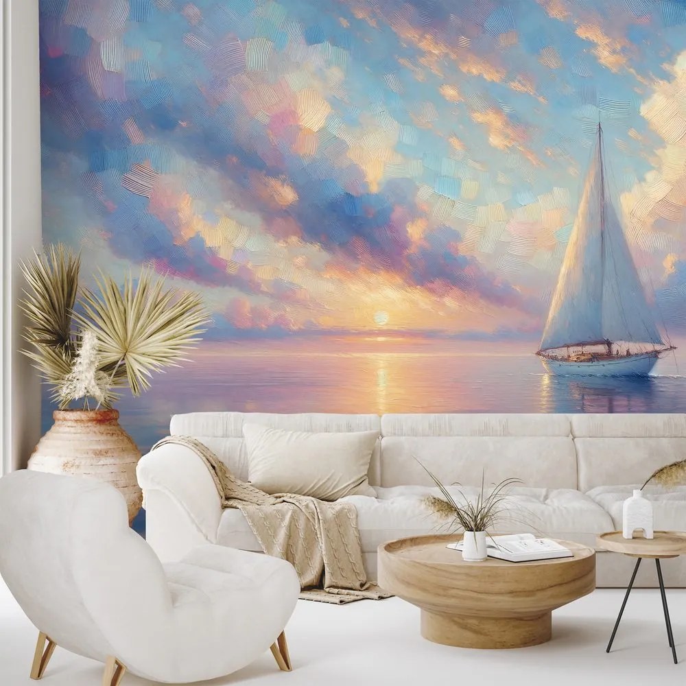 Tapeta plachetnica na pokojnom mori pri západe slnka