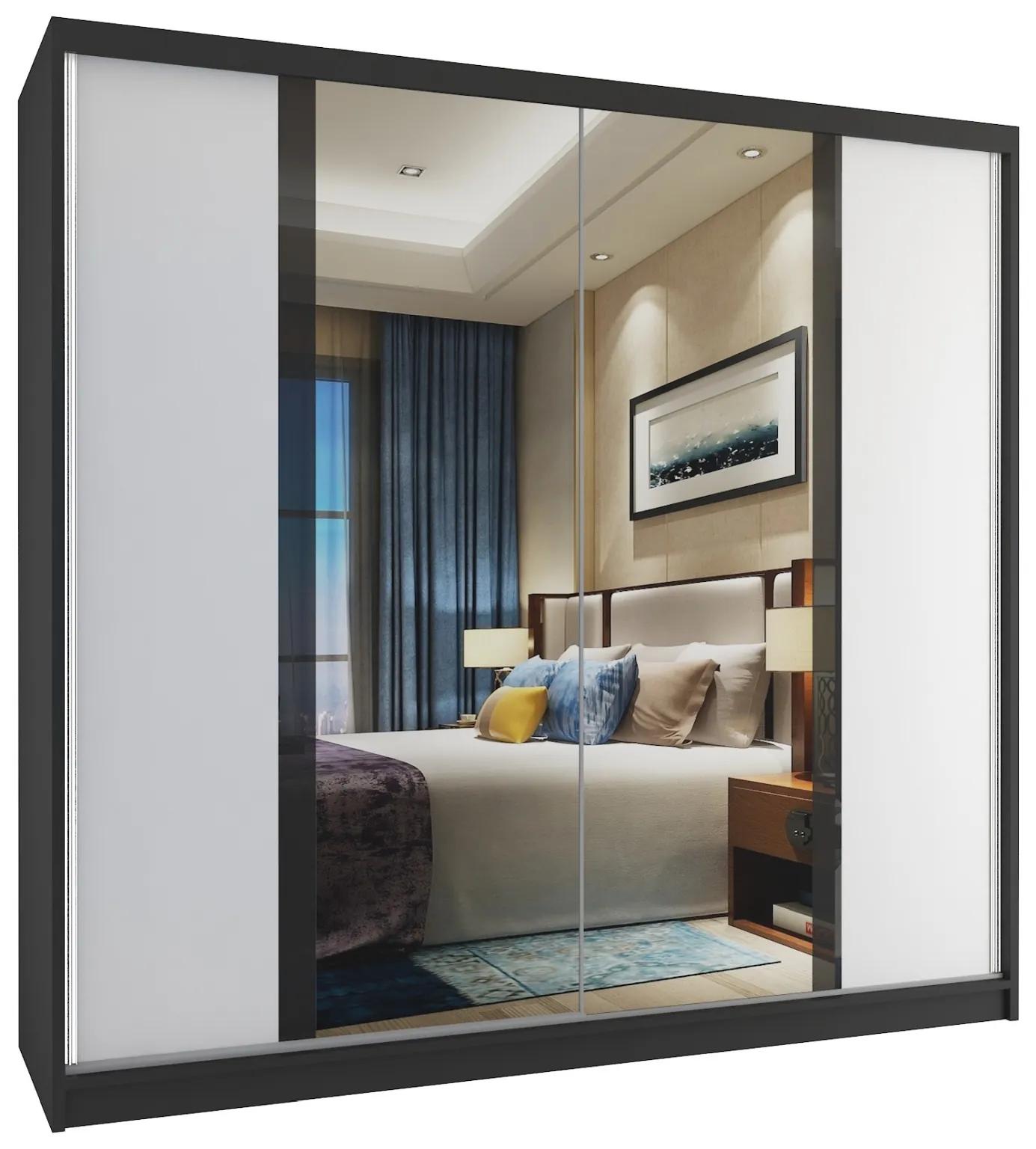 Šatníková skriňa 200 cm Belini čierny mat / biely mat s posuvnými dverami a zrkadlom  MV SZP1/1/B/W/B/HI