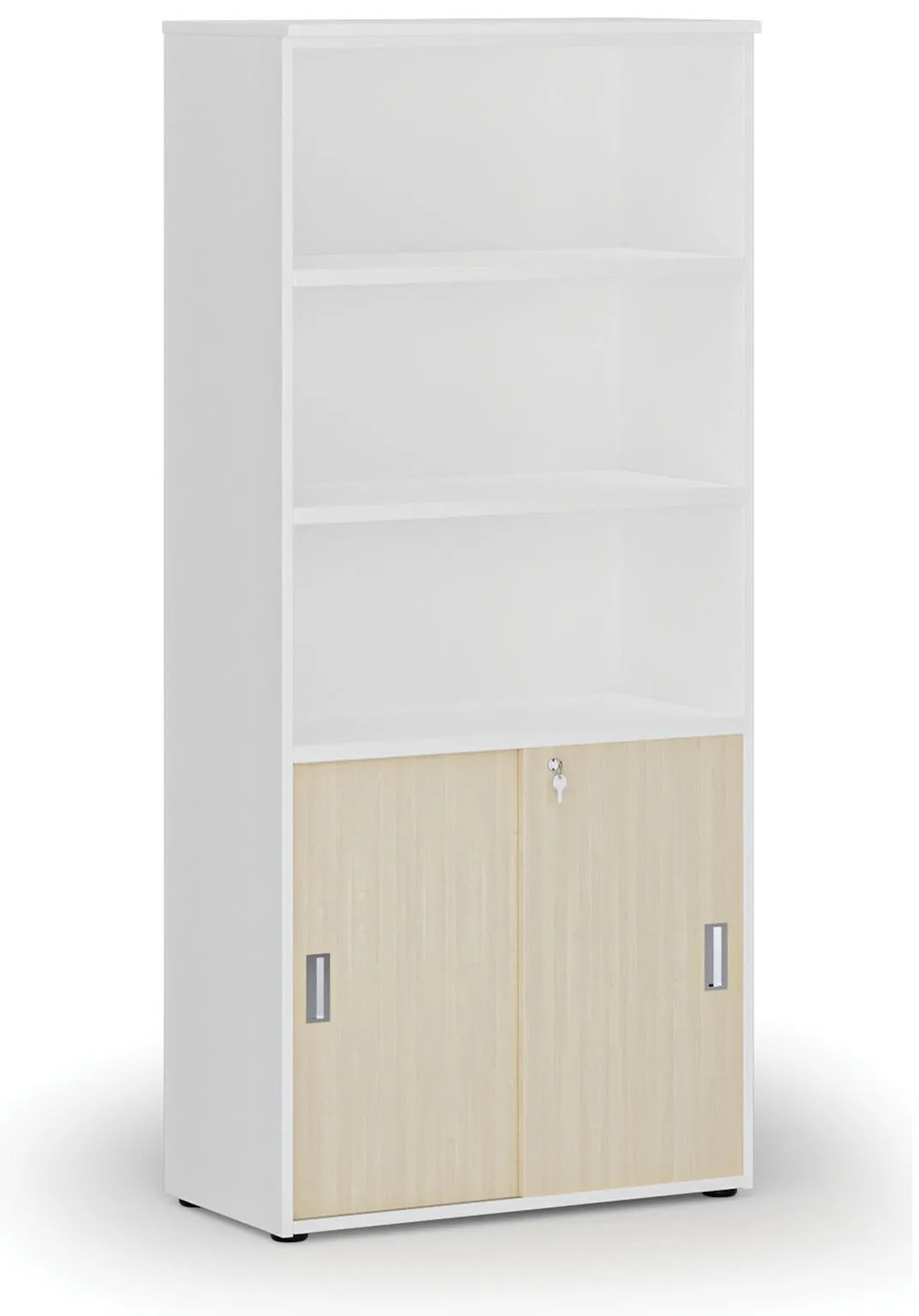 Kombinovaná kancelárska skriňa PRIMO WHITE, zasúvacie dvere na 2 poschodia, 800 x 420 x 1781 mm, biela/breza