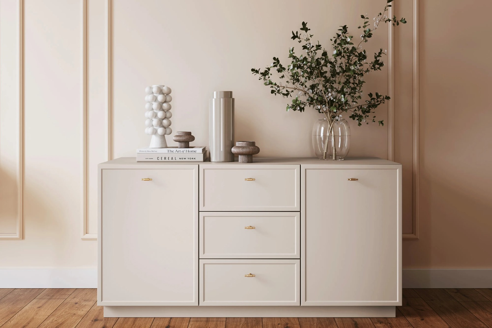 Komoda Lorini 150 cm na sokli - kašmírová / zlaté úchytky T