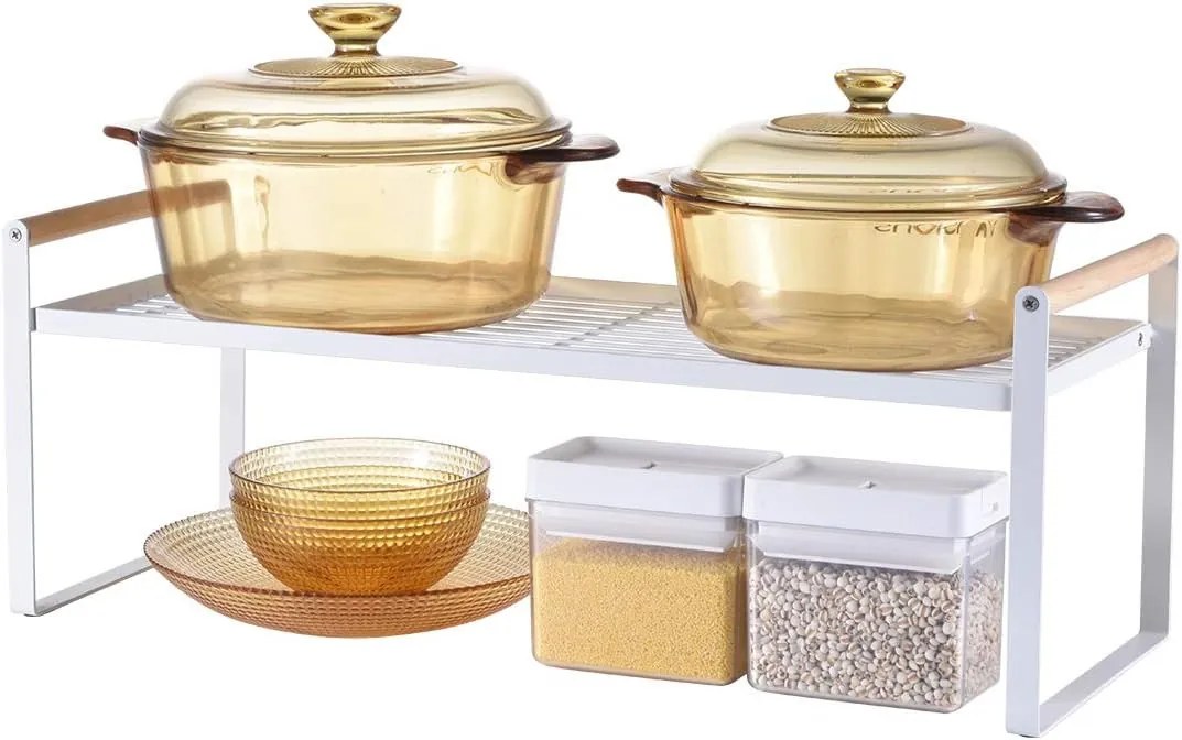 Prídavná polica s drevenými úchytkami, odkvapkávač, biely kov MAISON XL - 52x21x20