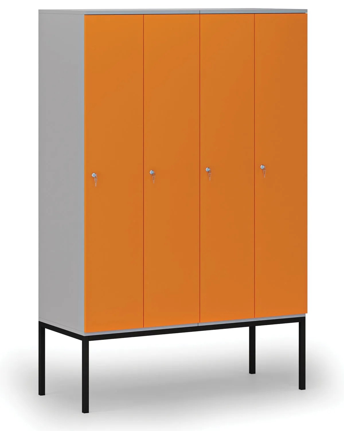 Drevená šatníková skrinka s podnožou, 4 oddiely, 1871 x 1200 x 500 mm, demont, cylindrický zámok, sivá/oranžová