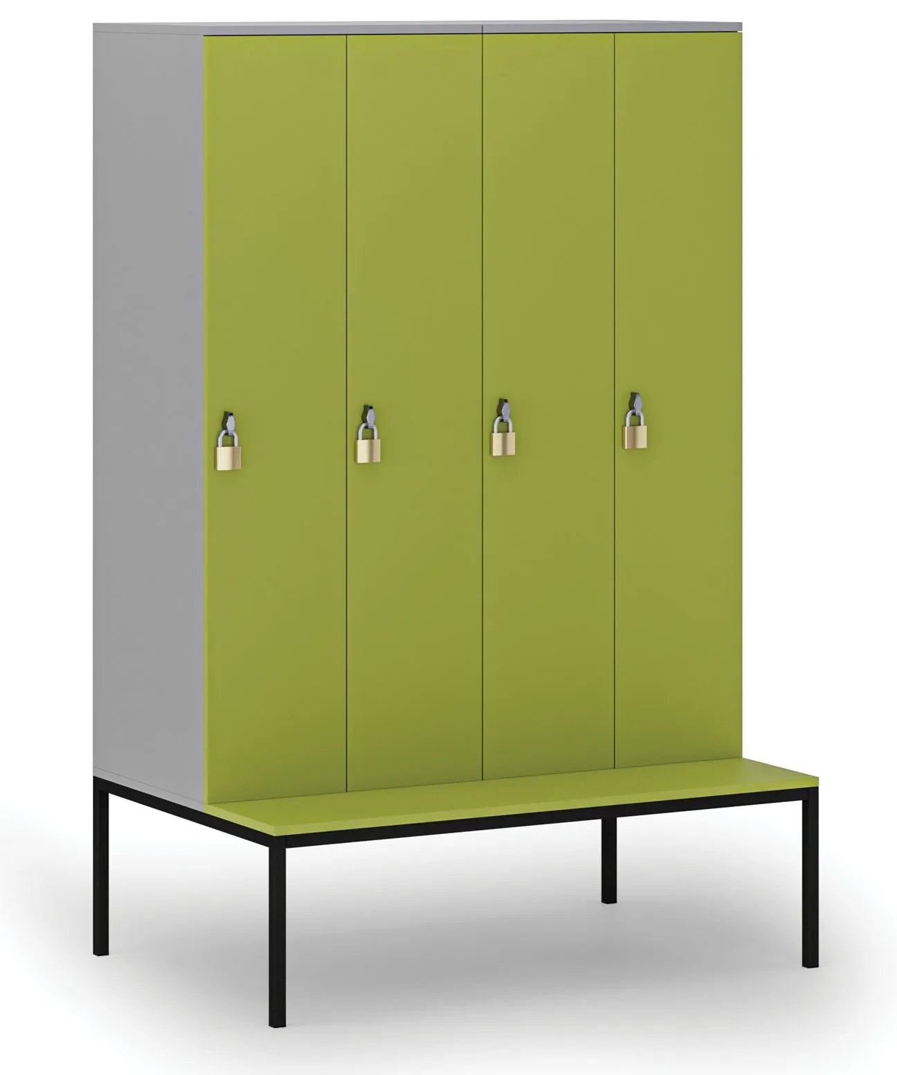 Drevená šatníková skrinka S4 s lavičkou, 4 oddiely, 1871 x 1200 x 500/800 mm, demont, otočný zámok, sivá/zelená