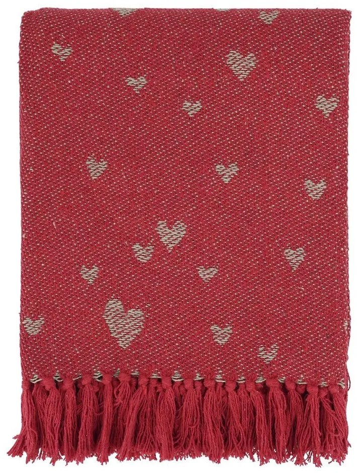 Červený bavlnený pléd so srdiečkami a strapcami Aix - 130*150 cm