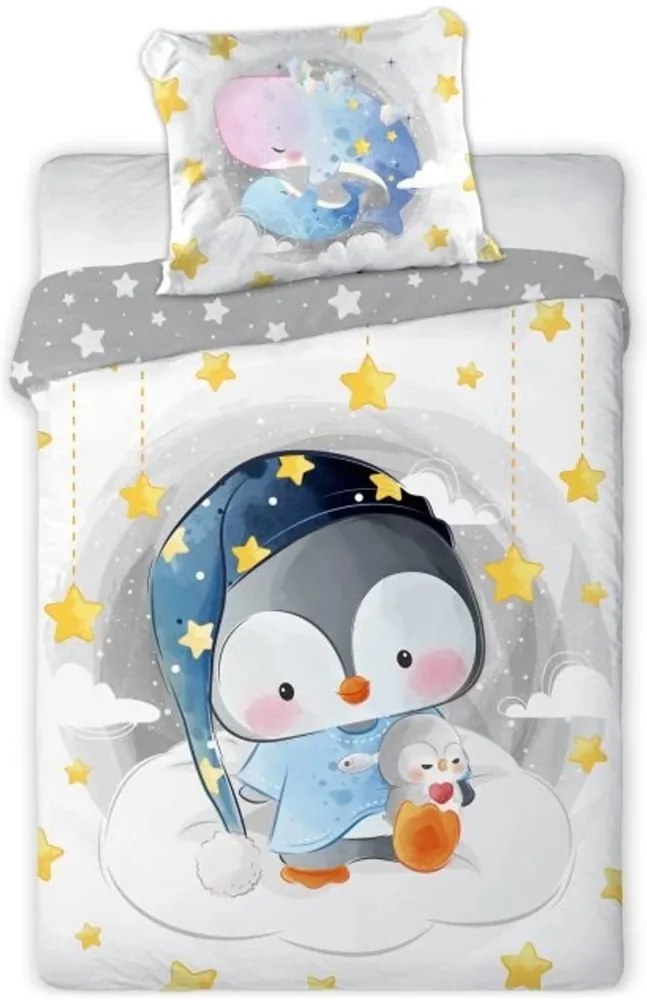 Posteľné obliečky do detskej postieľky s Tučniakom a Veľrybami - 100% bavlna - zipsové zapínanie - 100 × 135 cm + 40 × 60 cm