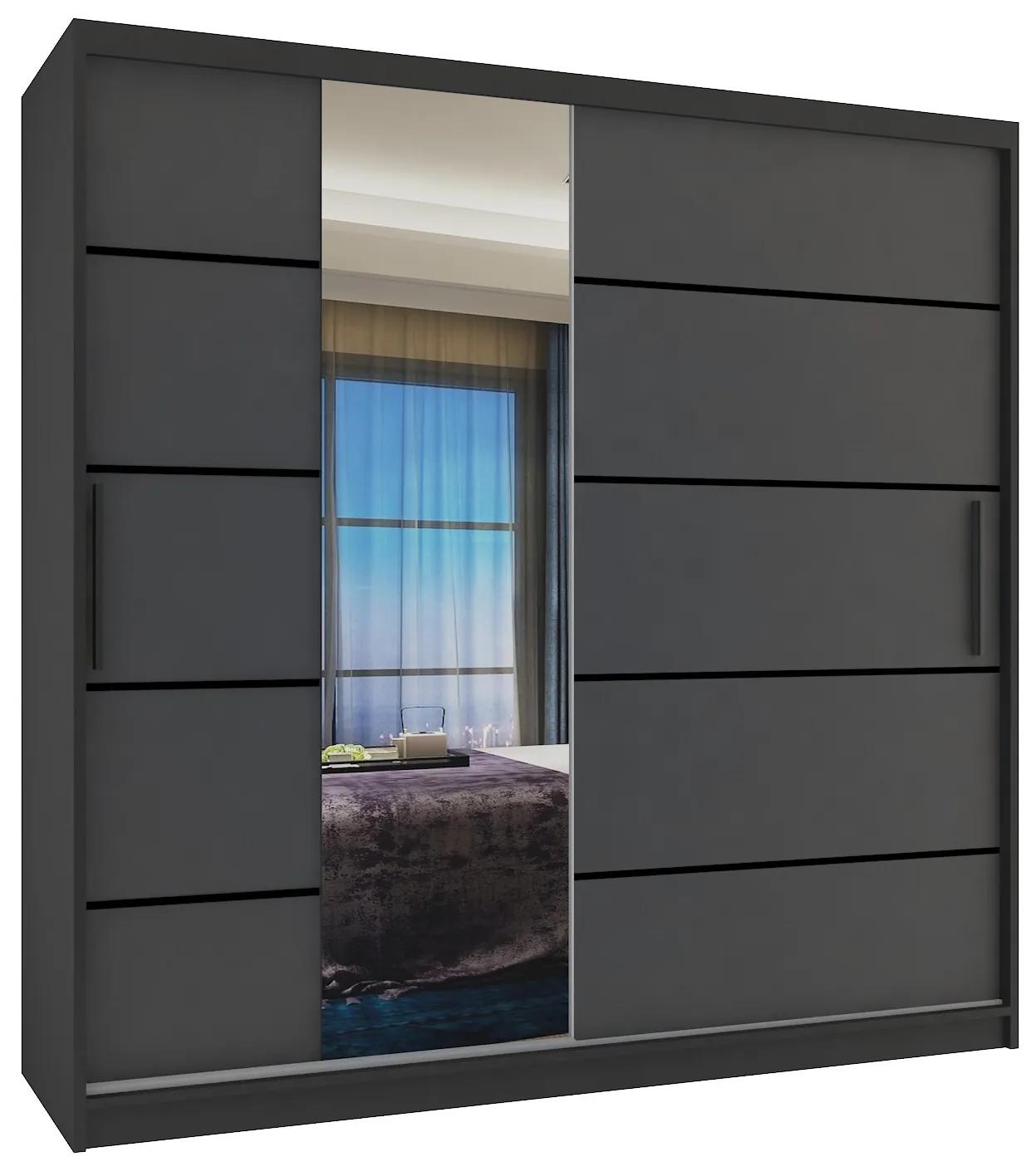 Šatníková skriňa 200 cm Belini čierny mat / šedý mat s posunými dverami zrkadlom a zásuvkami  MBP SZP5/1/B/SR/0/KLP