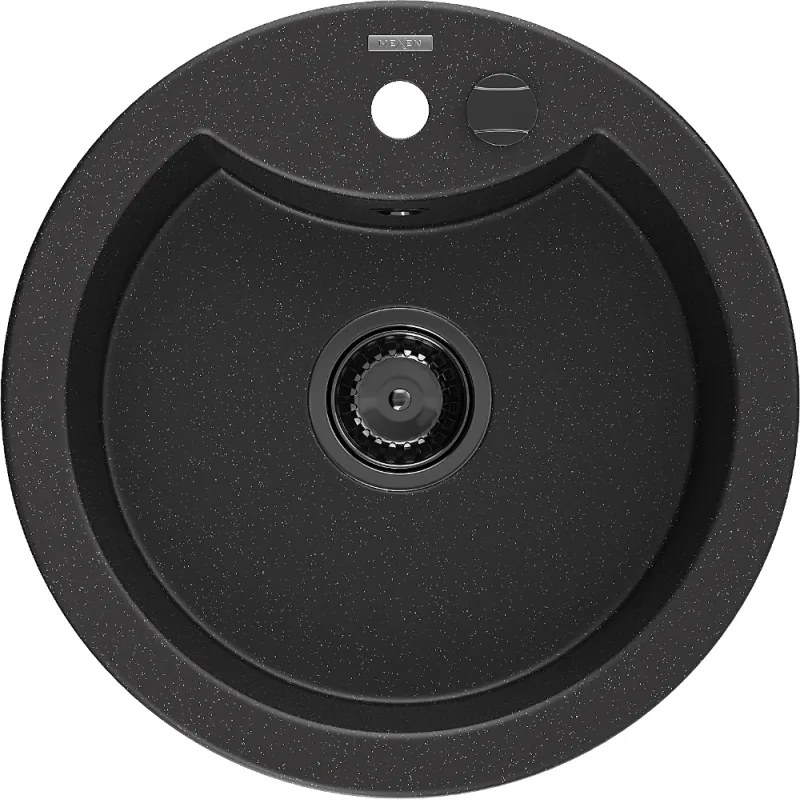 Mexen Diego, granitový drez 488x488x167 mm, 1-komorový, čierna-strieborná metalíza s čiernym sifónom, 6512481000-73-B