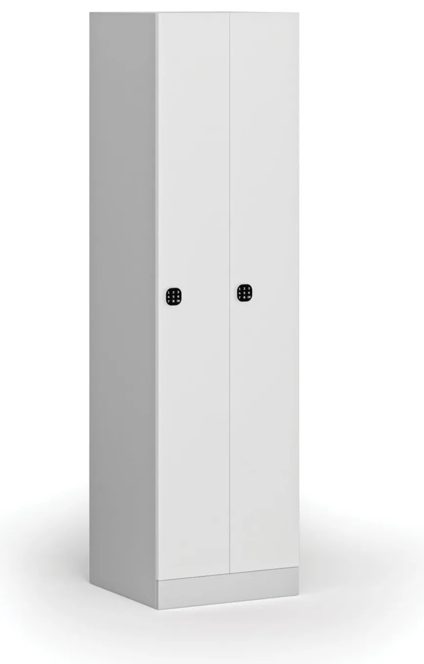 Kovová šatníková skrinka S1 zúžená, 2 oddiely, 1850 x 500 x 500 mm, demont, kódový zámok, laminované dvere, biela