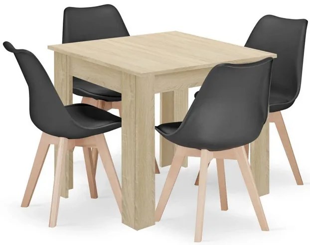 Jedálenská zostava stôl Dub sonoma 80 X 80 cm čierne nohy + 4 stoličky MARK čierne