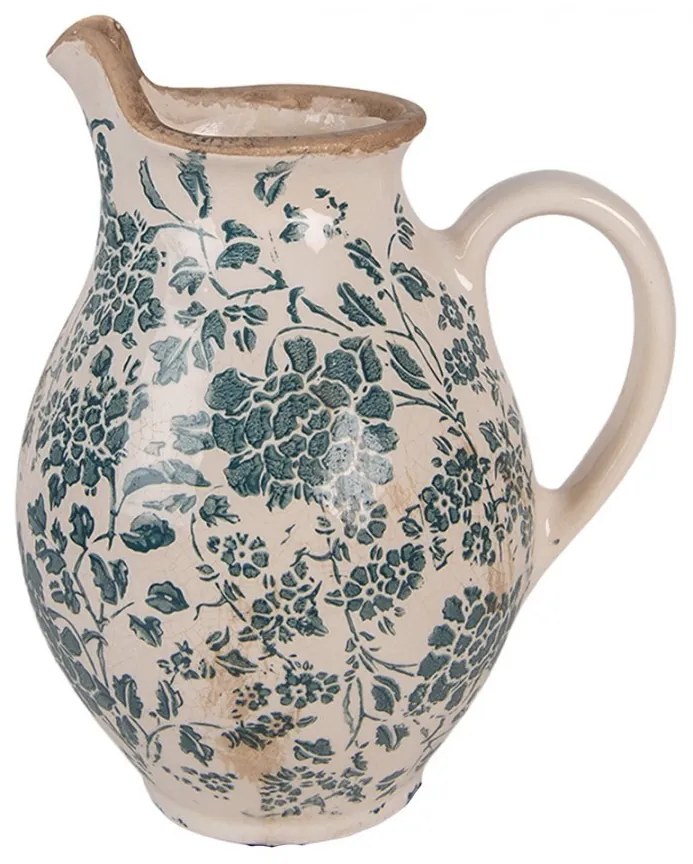 Retro béžový keramický dekoračný džbán s kvetmi S - 16*12*19 cm