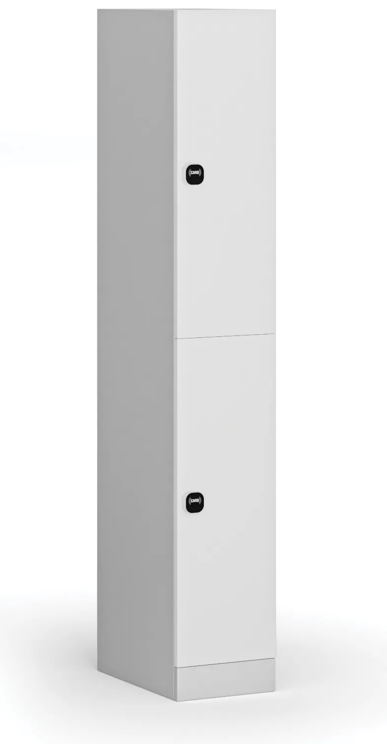 Šatníková skrinka s úložnými boxmi, 2 boxy, 1850 x 300 x 500 mm, demont, zámok s čítačkou RFID kariet, laminované dvere, biela