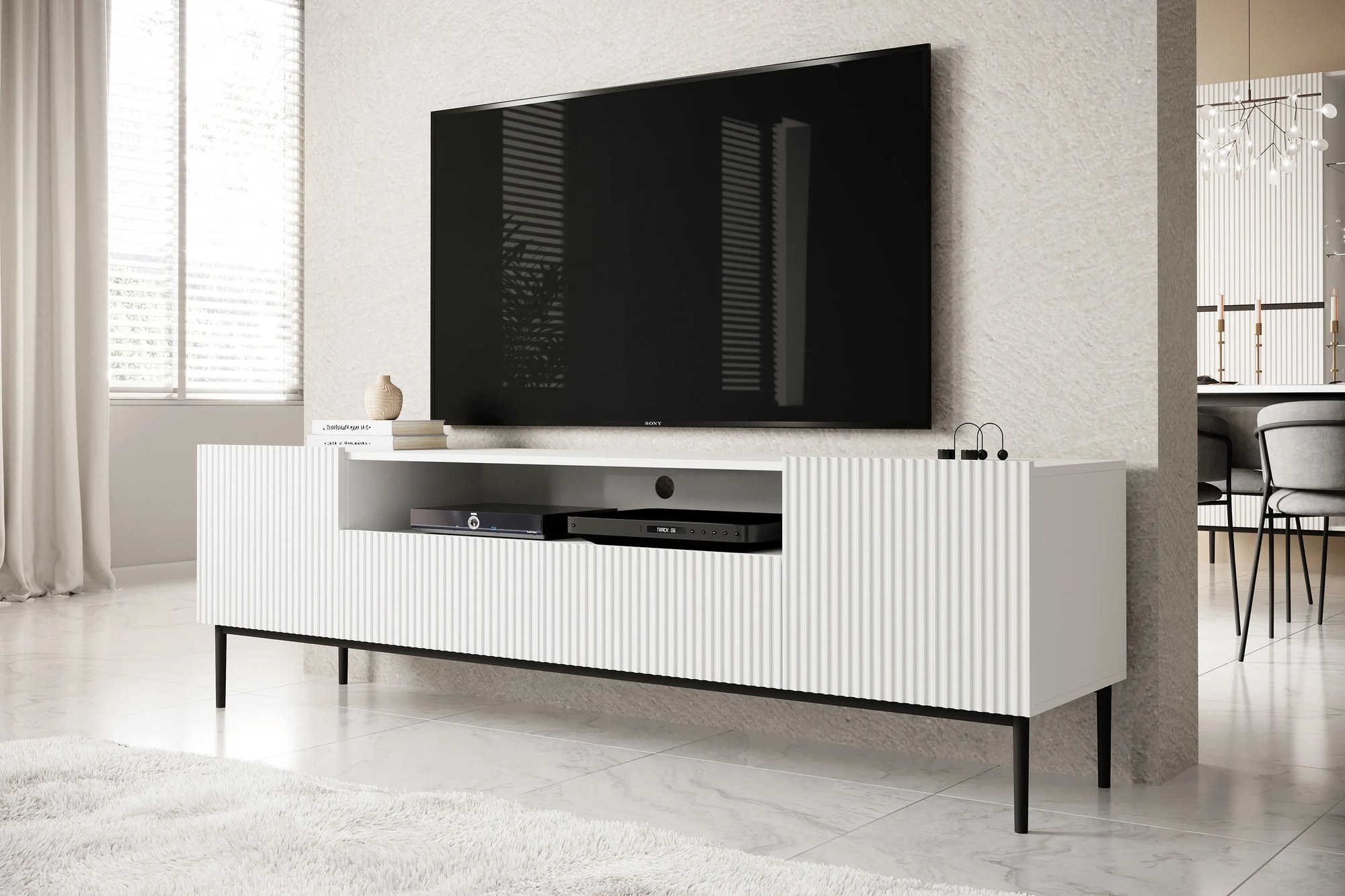 TV stolík Nicole 200 cm s otvorenou priehradkou a zásuvkami - biely mat / čierne nožičky