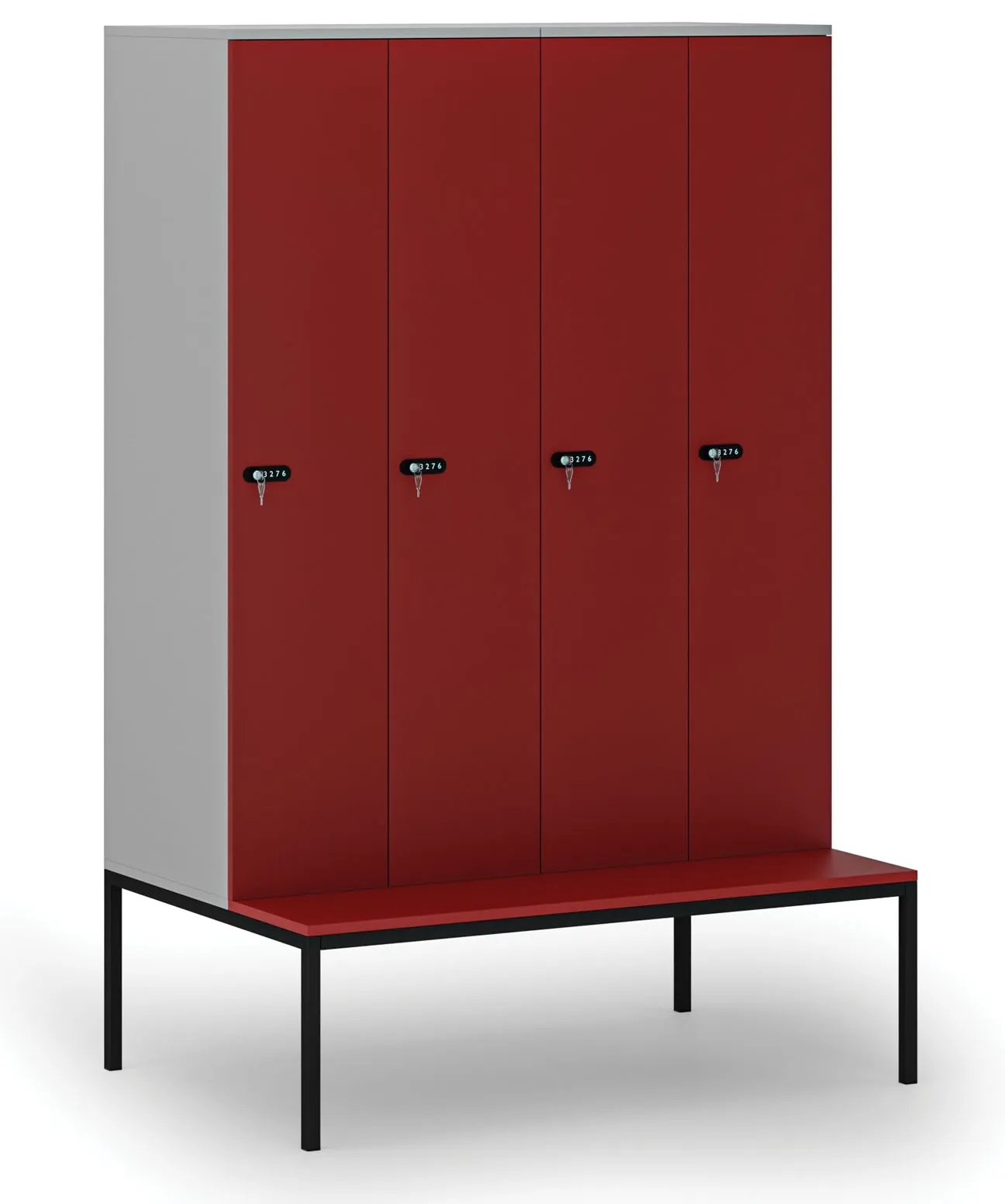Drevená šatníková skrinka S4 s lavičkou, 4 oddiely, 1871 x 1200 x 500/800 mm, demont, mechanický kódový zámok, sivá / červená