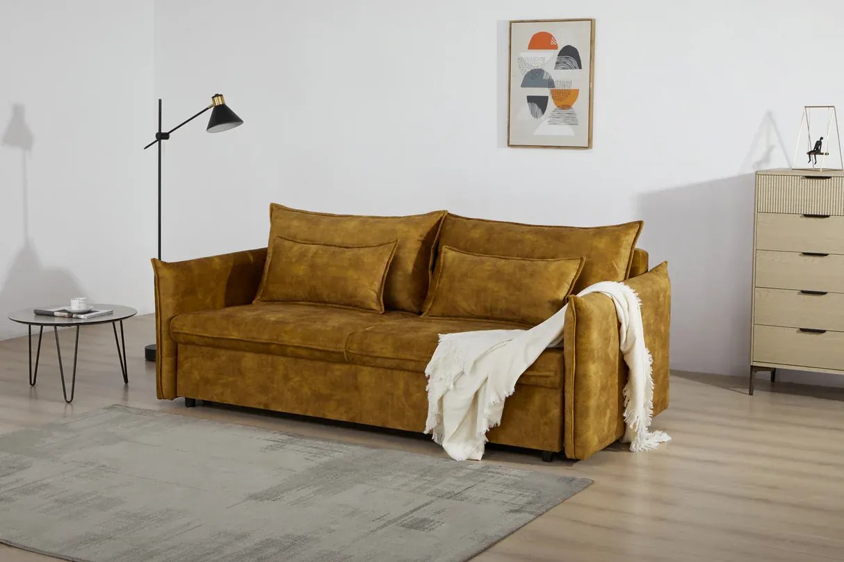 Rozkladacia pohovka APARTMENT 215 cm zamatová horčicovo žltá Rozkladacia pohovka APARTMENT 215 cm zamatová horčicovo žltá