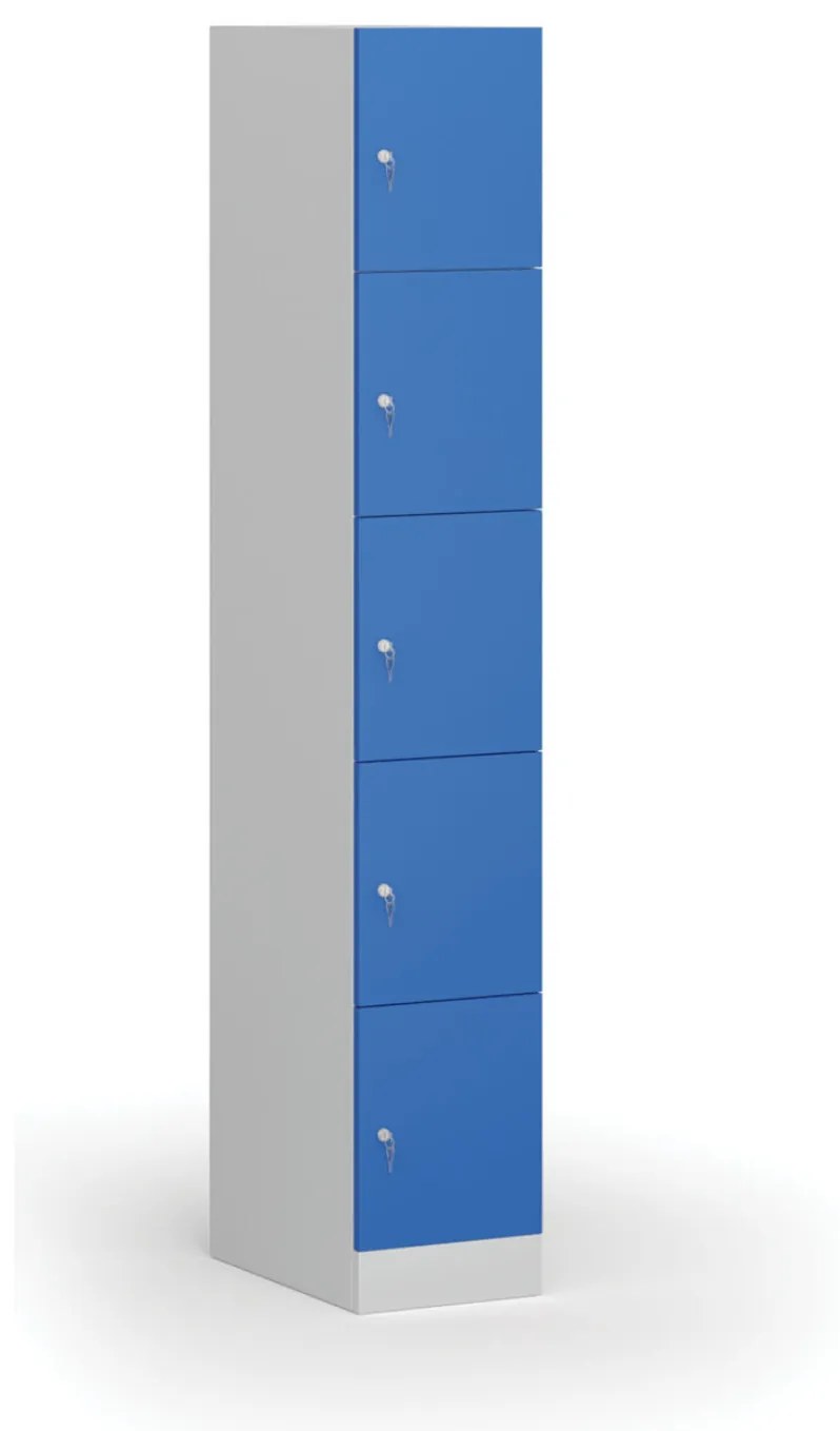 Šatníková skrinka s úložnými boxmi, 5 boxov, 1850 x 300 x 500 mm, cylindrický zámok, modré dvere